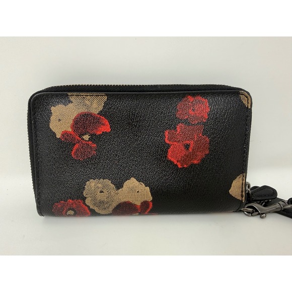 Coach Floral Poppy Double Zip Around Wristlet Wallet Black Red Leather - Picture 2 of 11